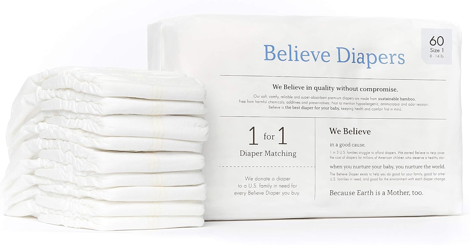 251028084611724_1 Believe Baby Bamboo Baby Diapers Size 1 - Premium, Super-Absorbent, Hypoallergenic for Sensitive Skin, Chemical-Free, Unscented, Eco-Friendly Diaper for Babies 8-14 lbs - 60 Ct - Image 1